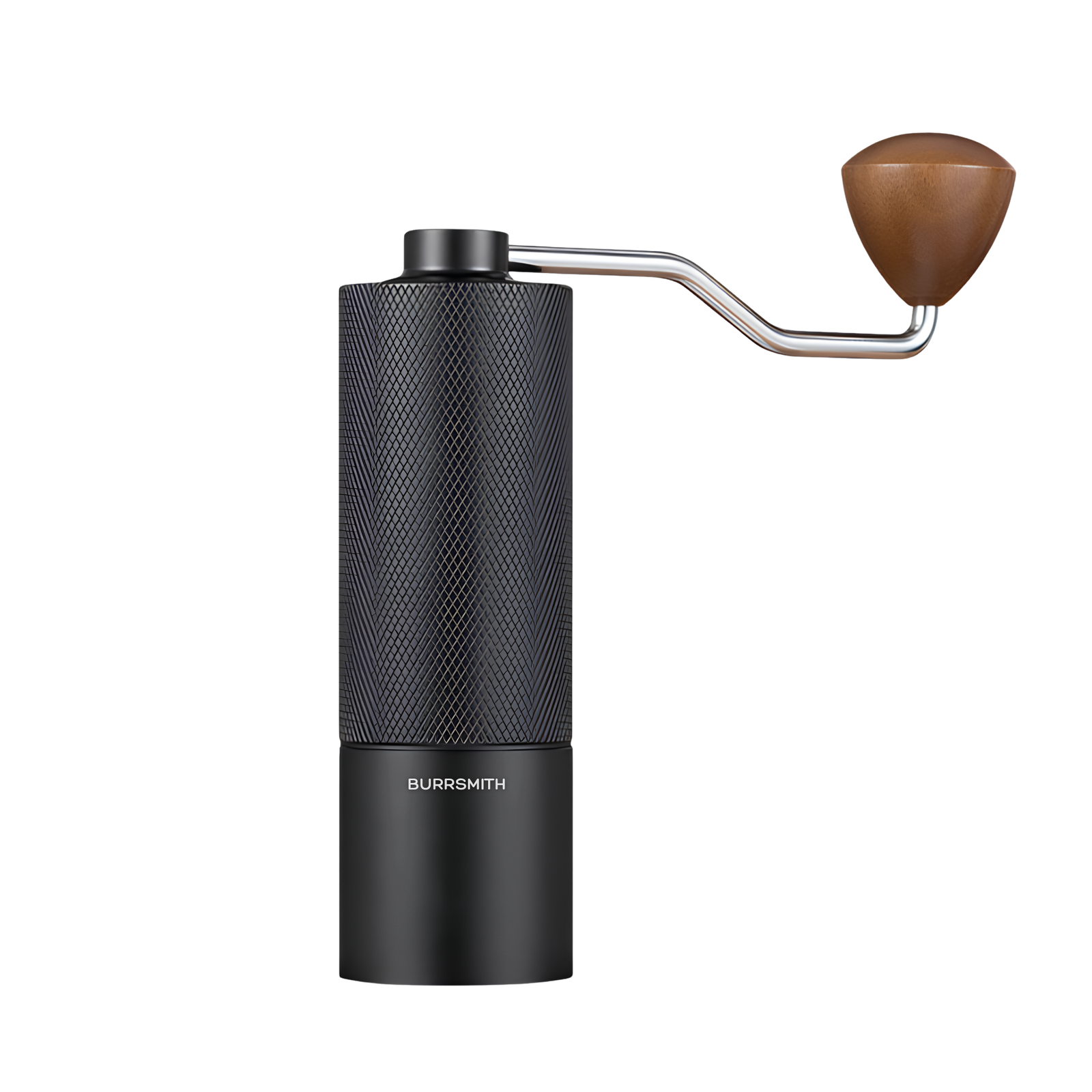 Burrsmith manual coffee grinder with walnut crank and steel body
